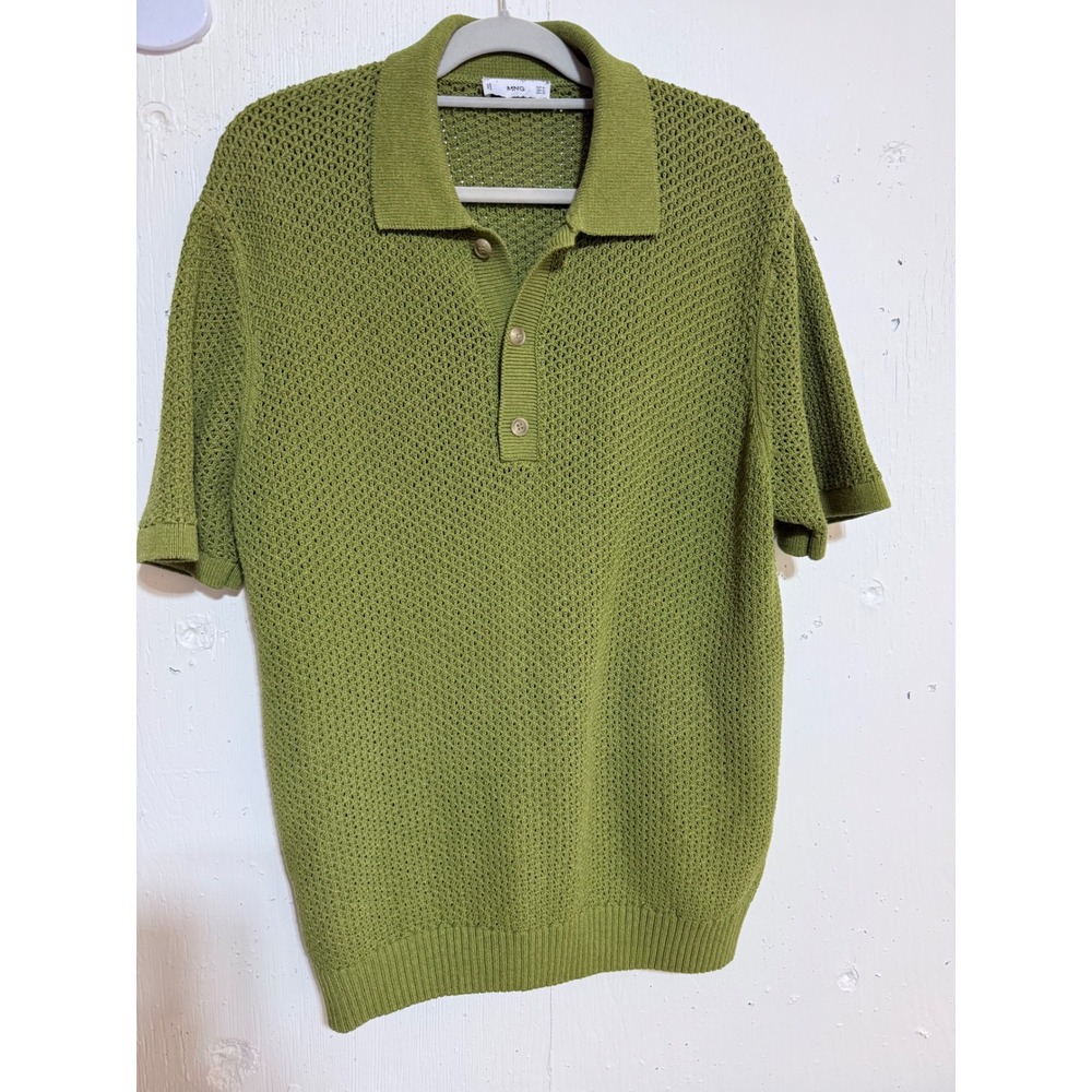MNG Mango Men Green Open Knit Crochet Polo Shirt Short Sleeve XL 47699